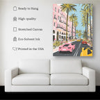 Luxury Coastal Drive Canvas Wall Art – Palm Street & Supercars Illustration Kubo Gallery