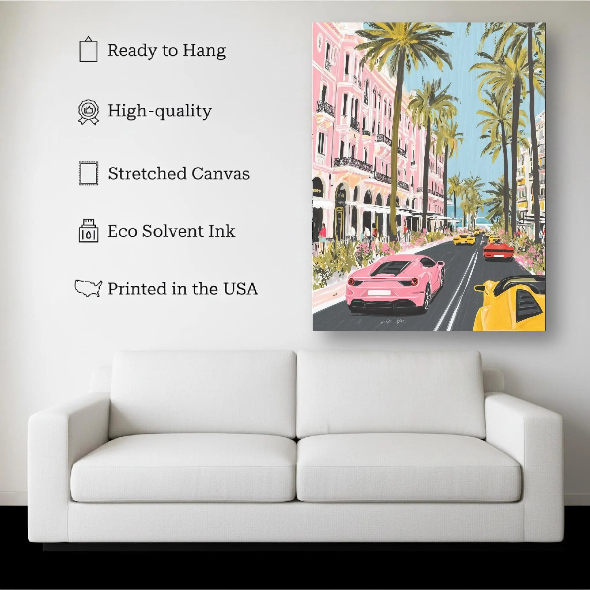 Luxury Coastal Drive Canvas Wall Art – Palm Street & Supercars Illustration Kubo Gallery