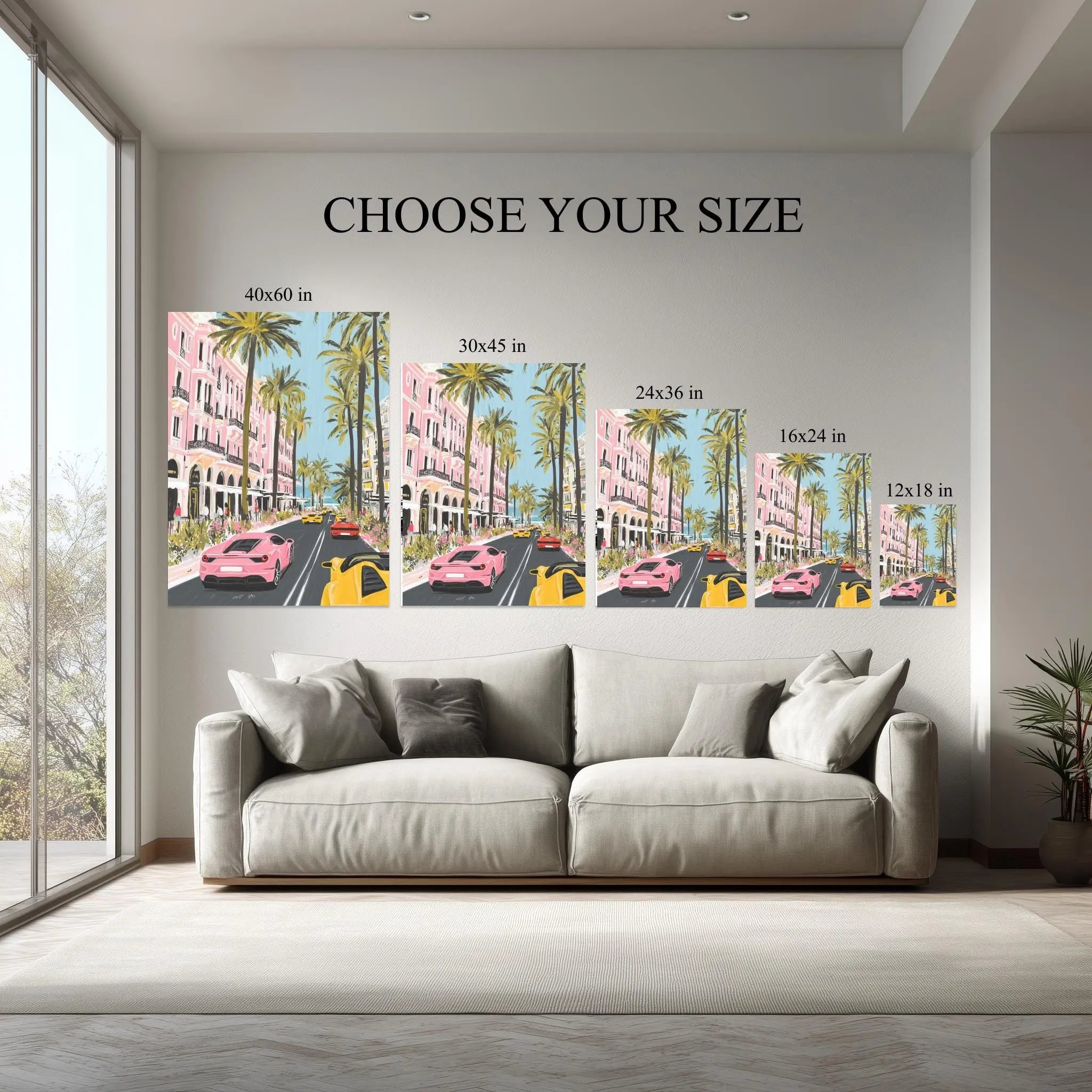 Luxury Coastal Drive Canvas Wall Art – Palm Street & Supercars Illustration Kubo Gallery