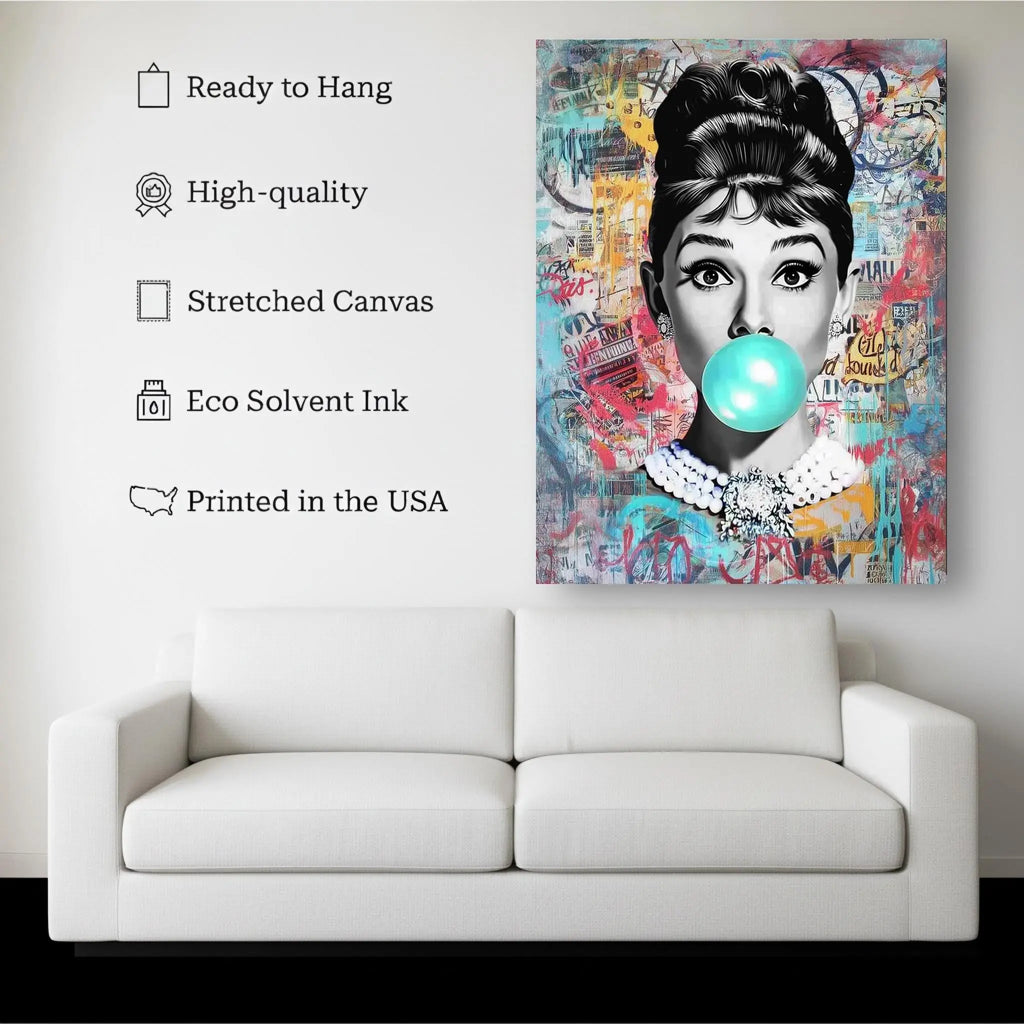 Pop Art Bubble Gum Woman Canvas Wall Art – Iconic Portrait with Urban Graffiti Kubo Gallery