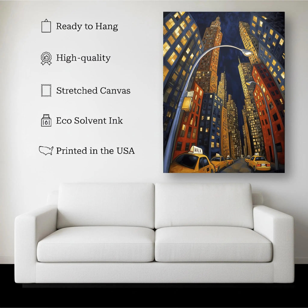 Night City Skyscraper Canvas Wall Art – Urban Street & Yellow Taxi Scene Kubo Gallery