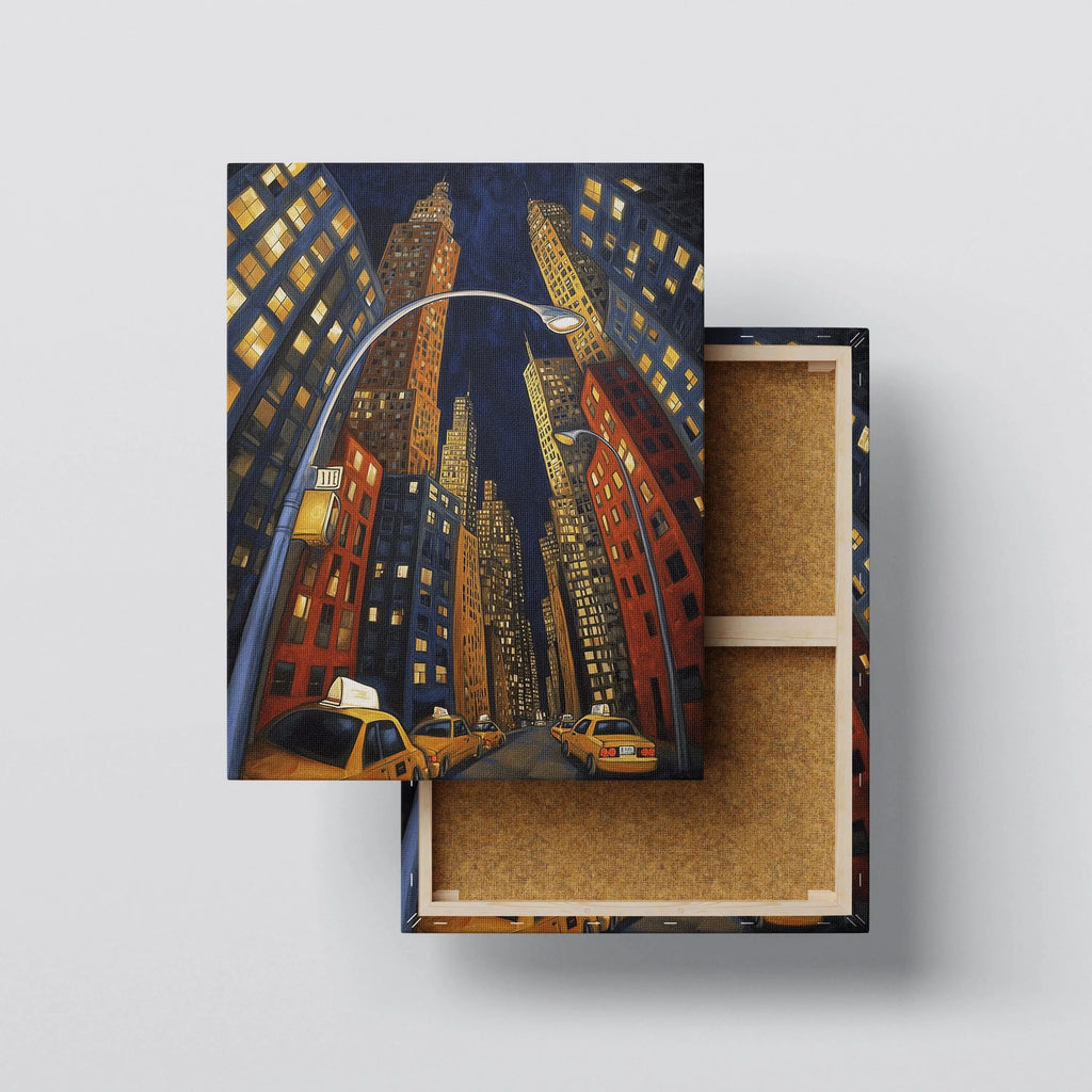 Night City Skyscraper Canvas Wall Art – Urban Street & Yellow Taxi Scene Kubo Gallery