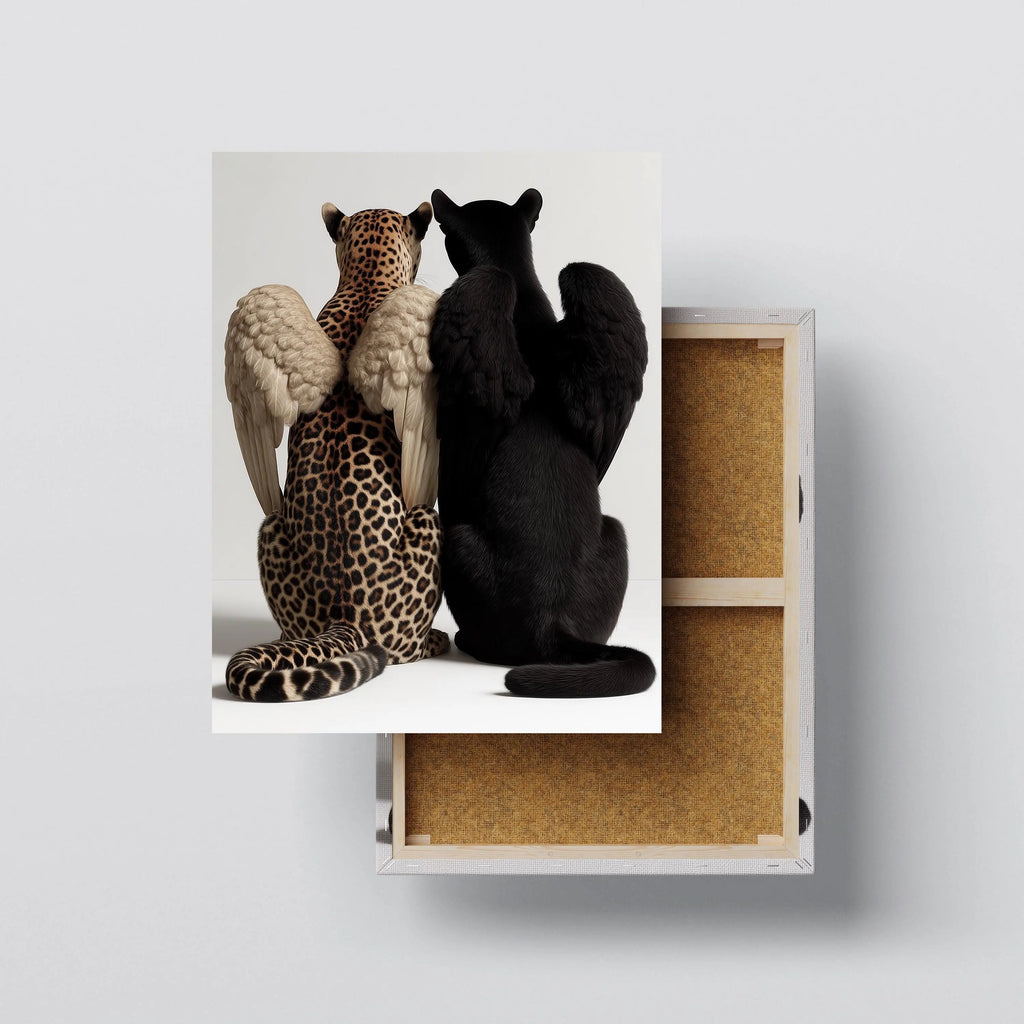 Angel Duality Leopard & Panther Canvas Wall Art – Symbolic Wildlife Surreal Art Kubo Gallery