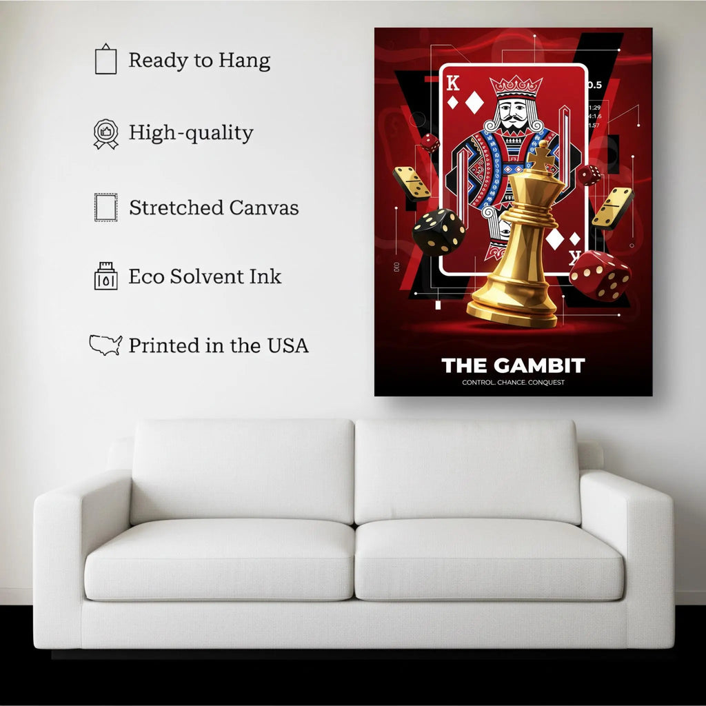 The Gambit Chess Wall Art, Strategy & Risk Symbolic Art, King Chess Piece Dice Casino Artwork, Modern Game Theory Canvas Print Kubo Gallery