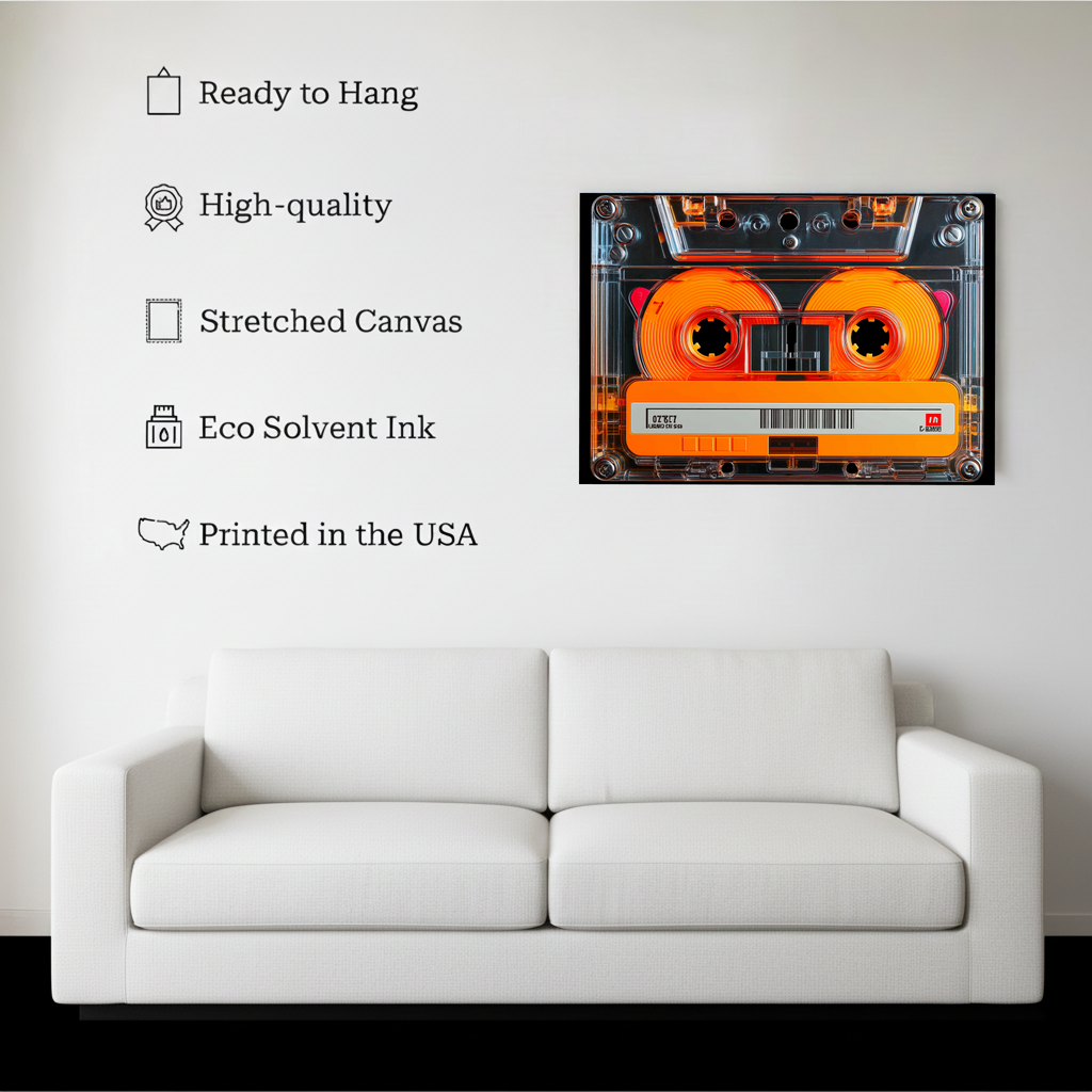Retro Transparent Cassette Wall Art – Orange Mixtape Canvas – 80s 90s Nostalgia Decor – Ready to Hang Kubo Gallery